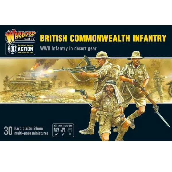 Bolt Action British Commonwealth Infantry box showing desert-war troops fighting with rifle, pistol and Bren gun.