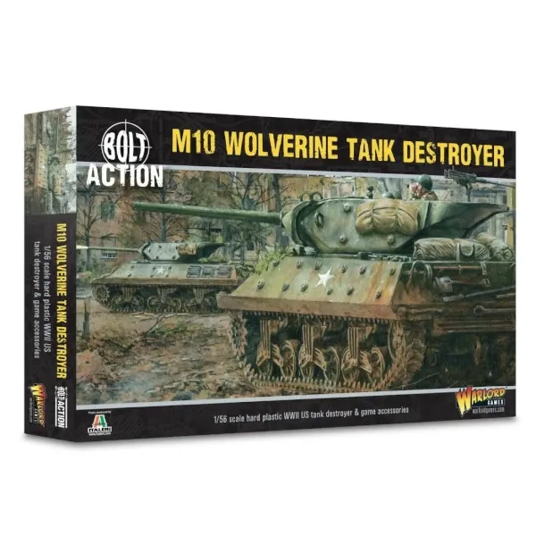 Bolt Action M10 Wolverine Tank Destroyer box showing Allied tank destroyers advancing through woodland.