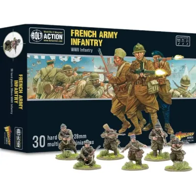 Bolt Action French Army Infantry box with French WWII soldiers and painted infantry miniatures.