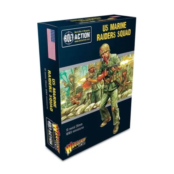 Bolt Action US Marine Raiders Squad box with USMC Raiders advancing through jungle combat.