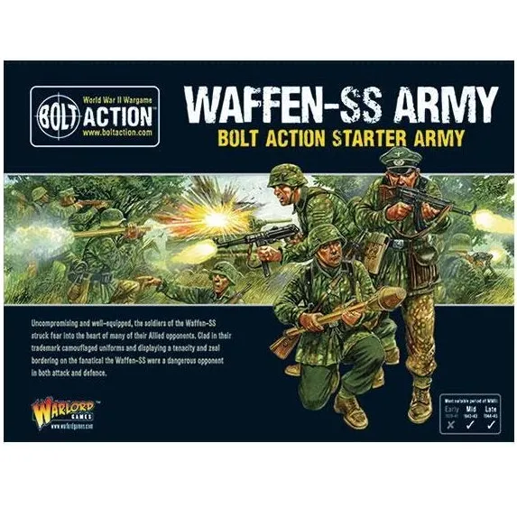 Bolt Action Waffen-SS Starter Army box with German soldiers firing in a WWII battlefield scene.