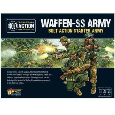 Bolt Action Waffen-SS Starter Army box with German soldiers firing in a WWII battlefield scene.
