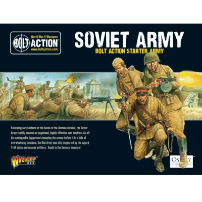 Bolt Action Soviet Army Starter Army box showing Red Army troops advancing with rifle, SMG and machine gun.