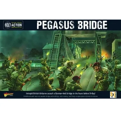 Bolt Action Pegasus Bridge battle set box showing British Airborne assaulting a German-held bridge at night.