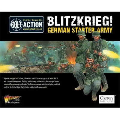 Bolt Action Blitzkrieg German Starter Army box showing early-war German infantry advancing in combat.