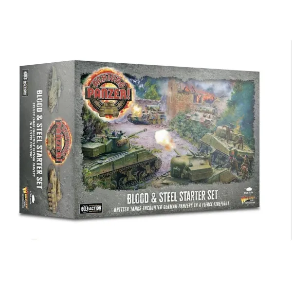 Achtung Panzer! Blood &amp; Steel Starter Set box with British Shermans fighting German Panthers in a village.