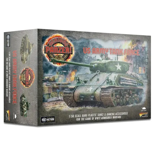 Achtung Panzer! US Army Tank Force box with an American Sherman tank advancing through battle.