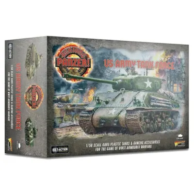 Achtung Panzer! US Army Tank Force box with an American Sherman tank advancing through battle.