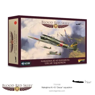 Blood Red Skies: Nakajima Ki-43-II ‘Oscar’ Squadron Blood Red Skies Nakajima Ki-43 Oscar Squadron box front showing Japanese fighter aircraft in flight.