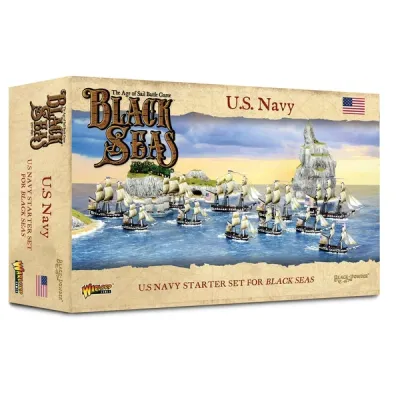 Black Seas U.S. Navy fleet box with American sailing ships and brigs near coastal cliffs.