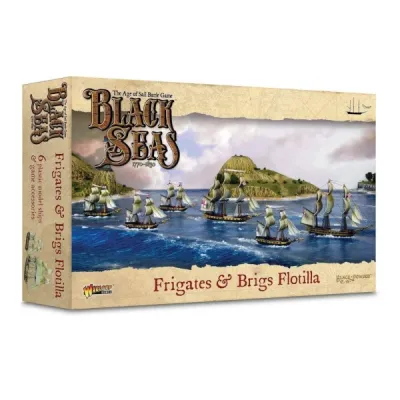 Black Seas Frigates &amp; Brigs Flotilla box with six sailing ships near coastal islands.