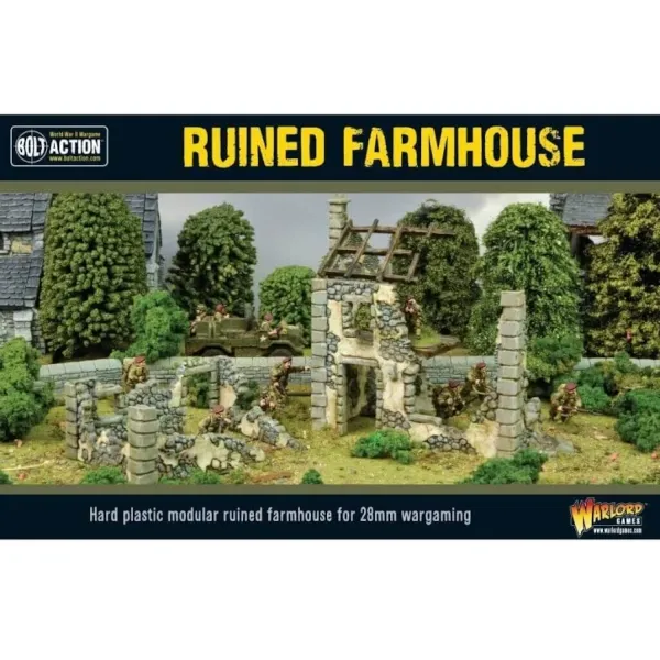 Ruined Farmhouse terrain set for Bolt Action, showing a damaged farmhouse with soldiers in cover.