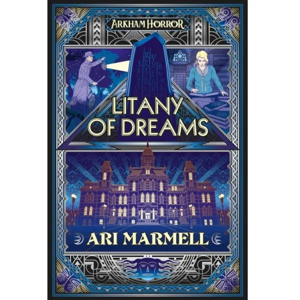 Arkham Horror: Litany of Dreams novel cover with Miskatonic University and occult Art Deco imagery.