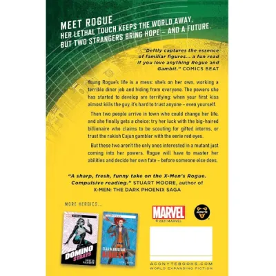Marvel Heroines: Rogue – Untouched back cover with blurb, quotes, and related Aconyte novels.