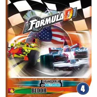 Formula D: Circuits 4 – Grand Prix of Baltimore &amp; Buddh expansion front with two Formula cars racing.