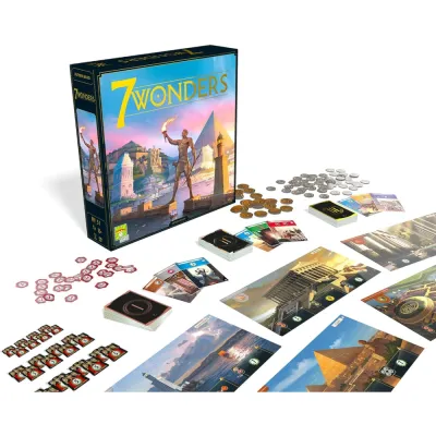 7 Wonders: Second Edition contents with wonder boards, cards, coins, conflict tokens, and box.