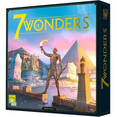 7 Wonders: Second Edition box cover with ancient wonders and a statue holding a torch.