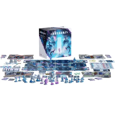 The Breach core game components with box, modular board, miniatures, player boards, cards, tokens, and dice.