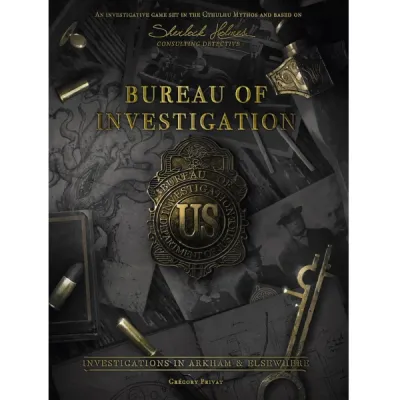 Bureau of Investigation cover showing a dark Bureau badge, files, bullets, and investigation tools.