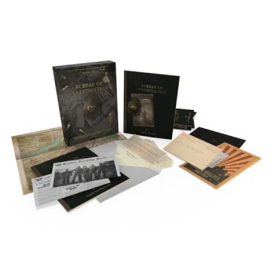 Bureau of Investigation components with box, case book, newspapers, maps, letters, and investigation materials.