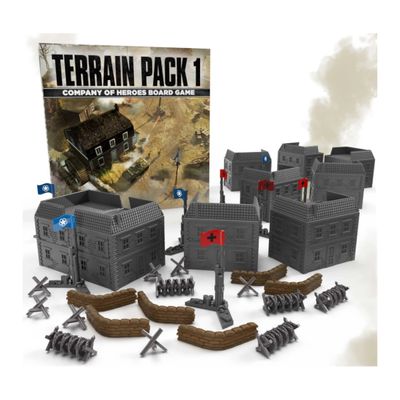 Company of Heroes Terrain Pack 1 contents with 3D buildings, sandbags, tank traps, razor wire, and flags.