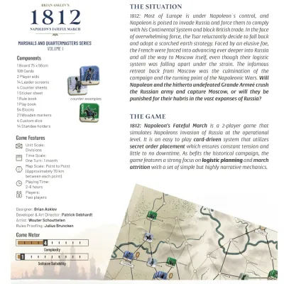 1812 Napoleon’s Fateful March back cover with components, game features, situation text, and map preview.