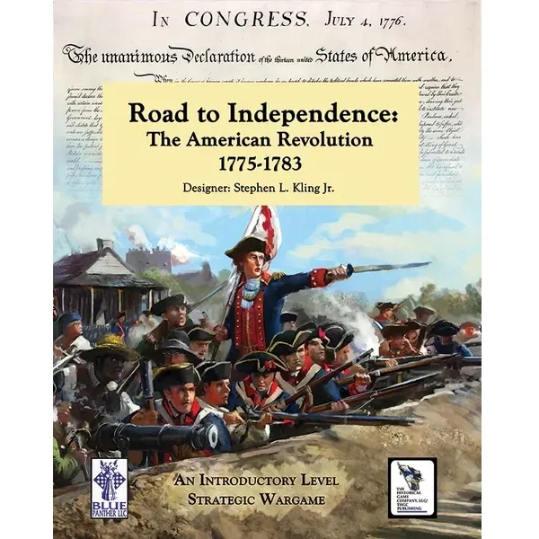 Road to Independence box front with American Revolutionary War battle artwork and Declaration of Independence background.