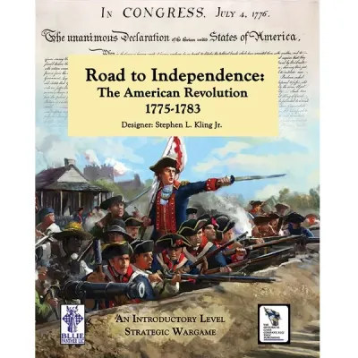 Road to Independence box front with American Revolutionary War battle artwork and Declaration of Independence background.