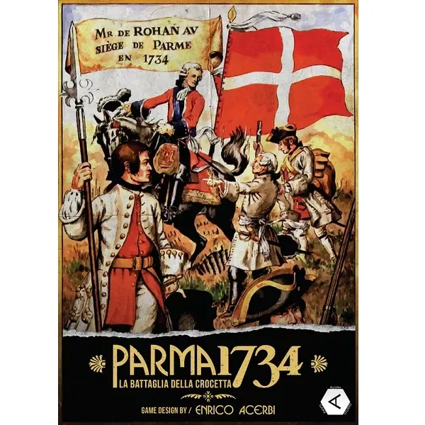 Parma 1734 box front showing eighteenth-century soldiers and cavalry with a red-and-white flag.