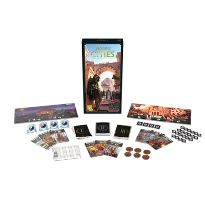 7 Wonders: Cities Second Edition components with box, Wonder boards, black cards, tokens, coins, and score pad.