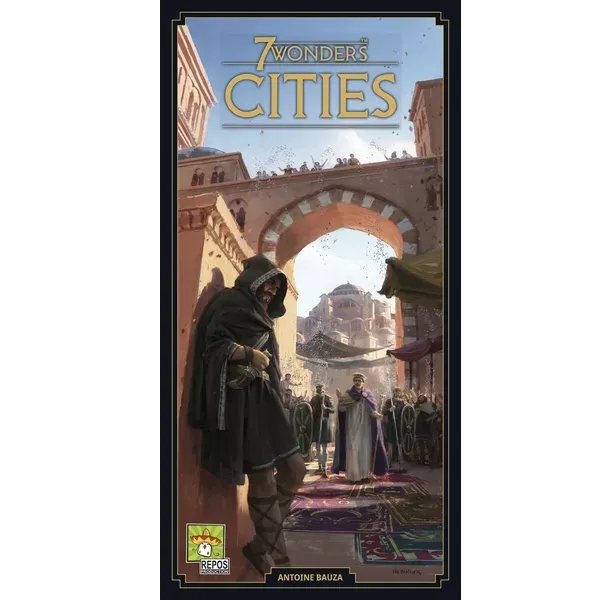 7 Wonders: Cities Second Edition box front with cloaked figure in an ancient city street.