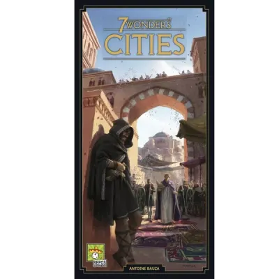 7 Wonders: Cities Second Edition box front with cloaked figure in an ancient city street.