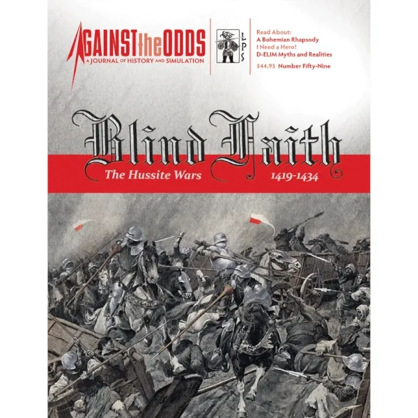 Against the Odds #59 Blind Faith cover showing medieval cavalry attacking Hussite war wagons.