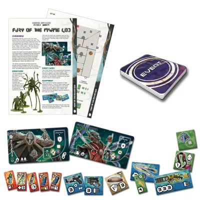 Core Space First Born Fury of the Insane God components with rules, cards, boards, tokens, and equipment.