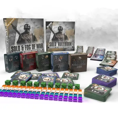 Company of Heroes Solo &amp; Fog of War 2nd Edition expansion components with AI decks, dice, cubes and faction boxes.
