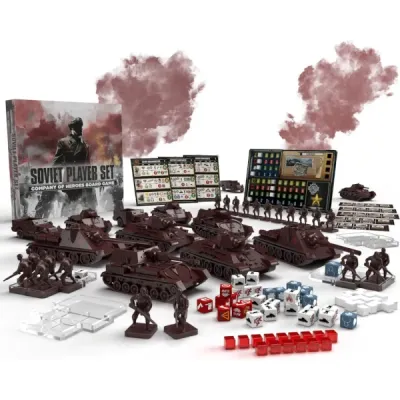 Company of Heroes Soviet Player Set contents with Soviet tanks, infantry, dice, cubes, cards, boards, and tokens.