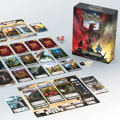 Call to Adventure Epic Origins box with cards, player board, runes, tokens, and fantasy artwork.