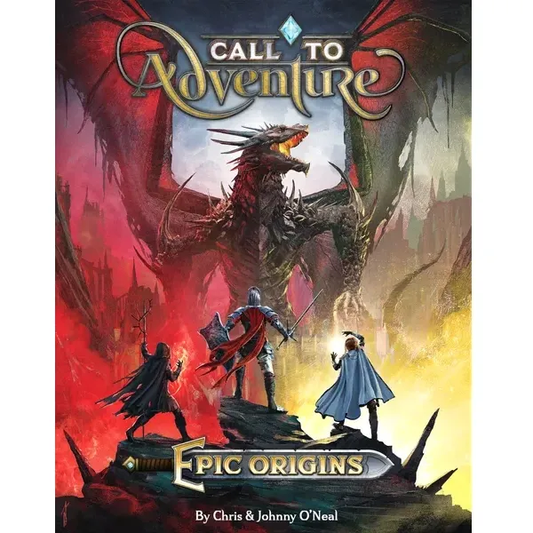Call to Adventure Epic Origins cover showing adventurers facing a dragon.