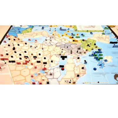 Gameplay setup for Black Swan, showing block units on a mounted map of Europe and the Mediterranean.