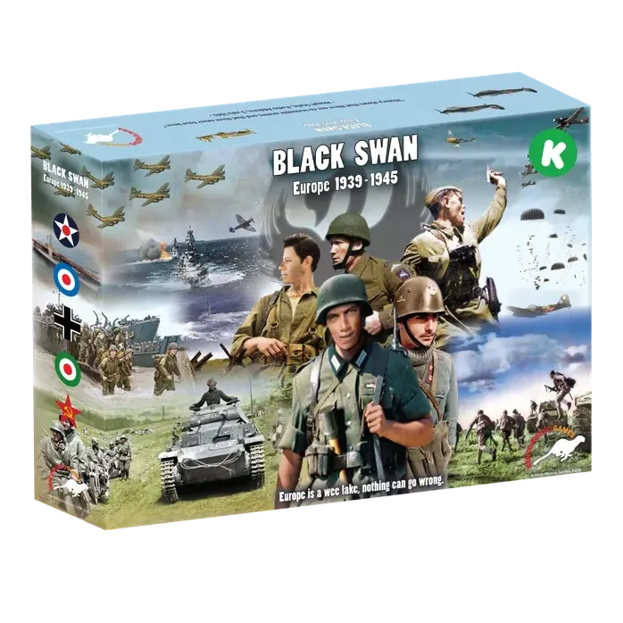 Box cover of Black Swan: Europe 1939–1945, showing WWII soldiers, aircraft, tanks, ships, and paratroopers.
