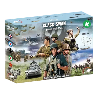 Box cover of Black Swan: Europe 1939–1945, showing WWII soldiers, aircraft, tanks, ships, and paratroopers.