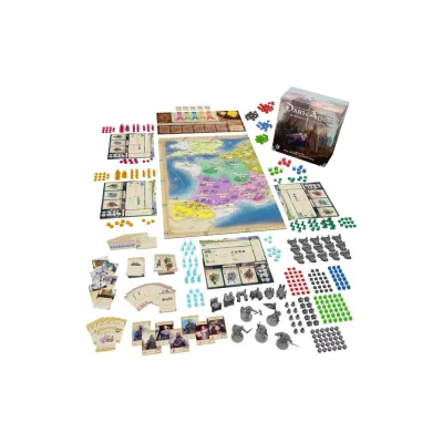 Dark Ages Heritage of Charlemagne components with map, player boards, cards, tokens, miniatures, and box.