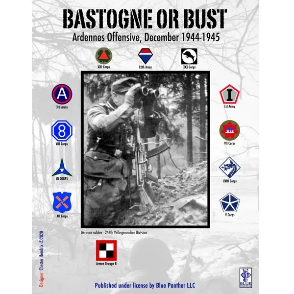 Bastogne or Bust: Designer’s Edition box front with German soldier photo and Ardennes offensive formation insignia.