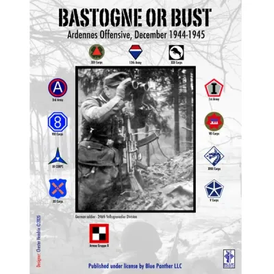 Bastogne or Bust: Designer’s Edition box front with German soldier photo and Ardennes offensive formation insignia.