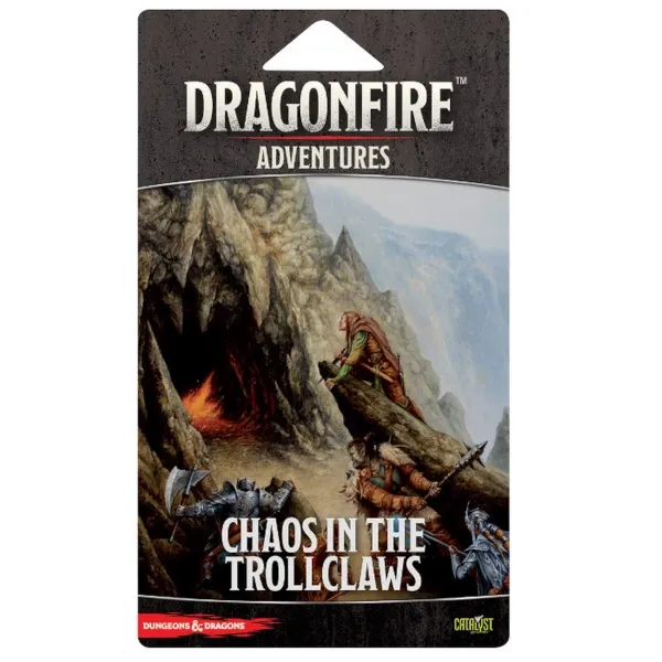 Dragonfire: Chaos in the Trollclaws adventure pack with adventurers near a fiery cave in mountain terrain.