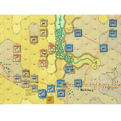 Civil War hex map showing Union and Confederate units maneuvering near Middleburg with roads, fields, and terrain.