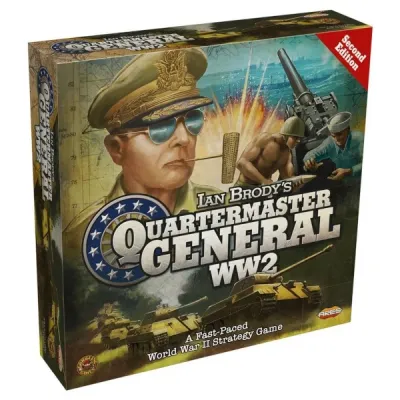 WW2 Quartermaster General Second Edition box front with officer, artillery crew, explosion, tanks, and Ares Games logo.