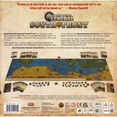 Quartermaster General: South Front box back with game board, cards, wooden pieces, components, and rules overview.