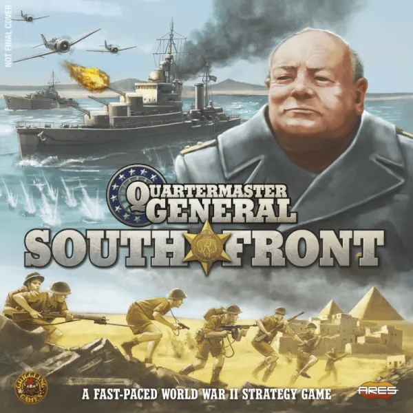 Quartermaster General: South Front box front with Churchill, warships, aircraft, and North Africa infantry artwork.