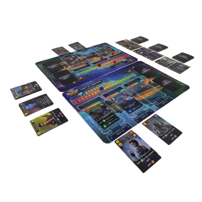 The Last Command gameplay setup with starship mats, crew cards, system cards, and trackers.